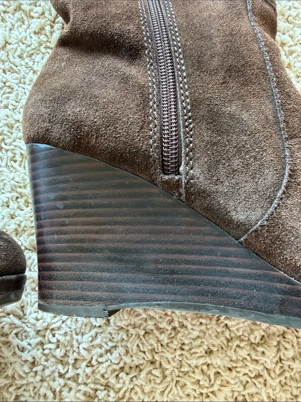 ANTONIO MELANI Brown Suede Wedge Knee Boots with Strap Accents